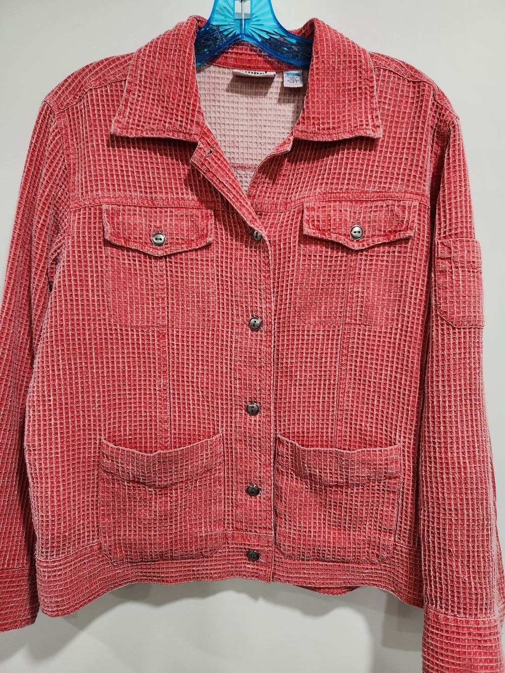 Women's Red Waffle Knit Button-Up Jacket Top